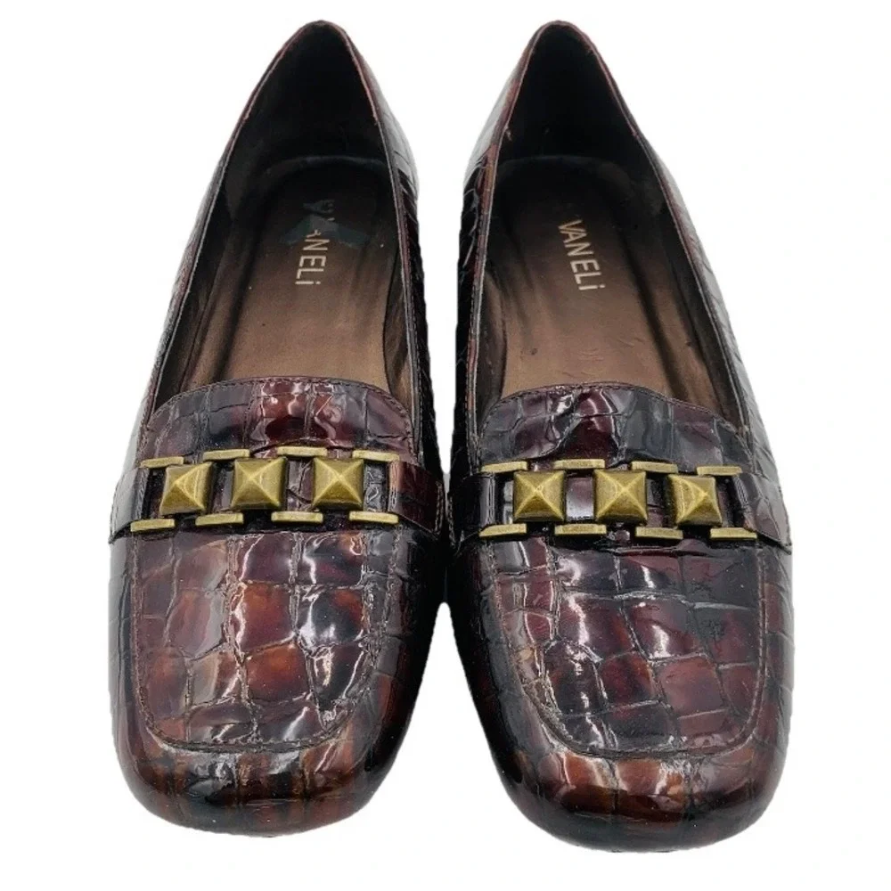 VANELi Loafers Dress‎ Shoes Croc Embossed Brown Patent Studded Buckle 8M Flats